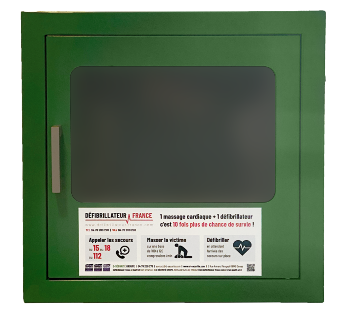 Coffre intérieur en métal vert avec porte vitrée en plexiglass