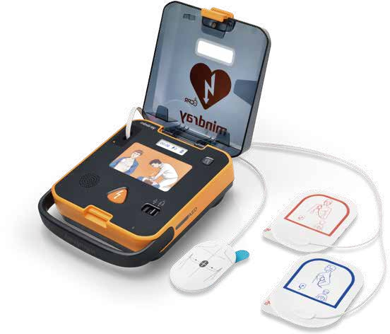Défibrillateur Mindray BeneHeart L1 ouvert avec ses électrodes, visuel fabricant détouré