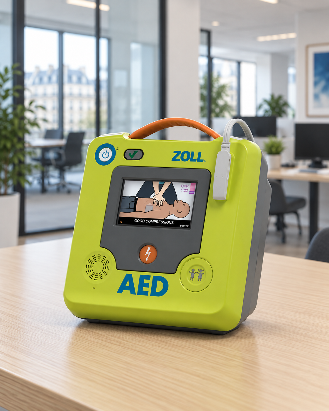 Zoll AED posé sur une table dans des bureaux — mise en scène illustrative