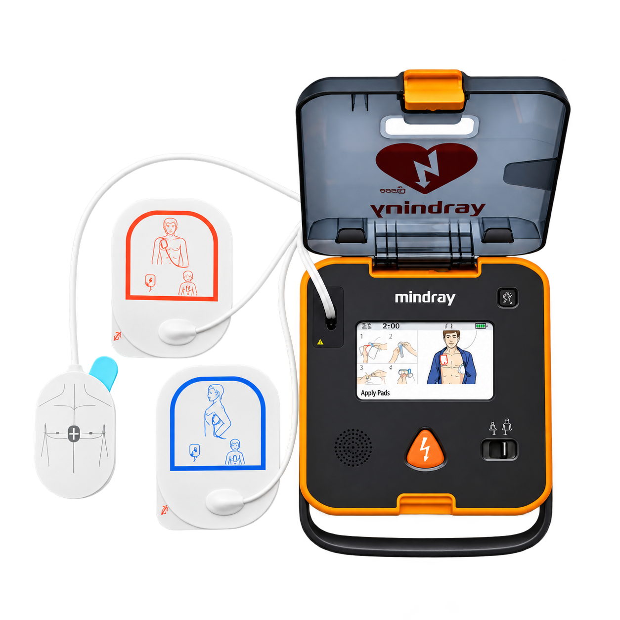 MINDRAY BeneHeart L2 ouvert avec ses électrodes – visuel détouré